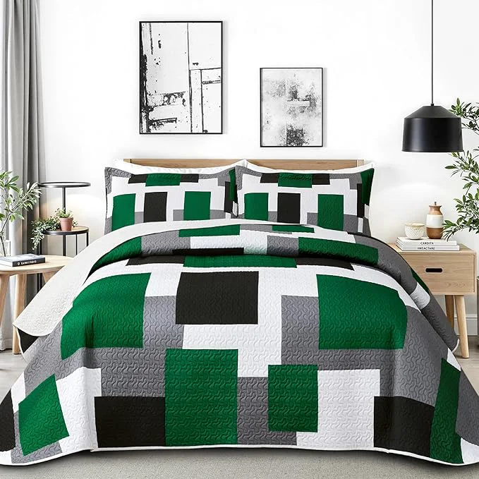 Refined 3 Piece Green Quilt Set California King Size Black Grey White Geometric Reversible Bedding Set Microfiber Lightweight Bedspread Coverlet with 2 Shams Modern Bed Cover for All Season 118 39 39 x106 39 39 Solid