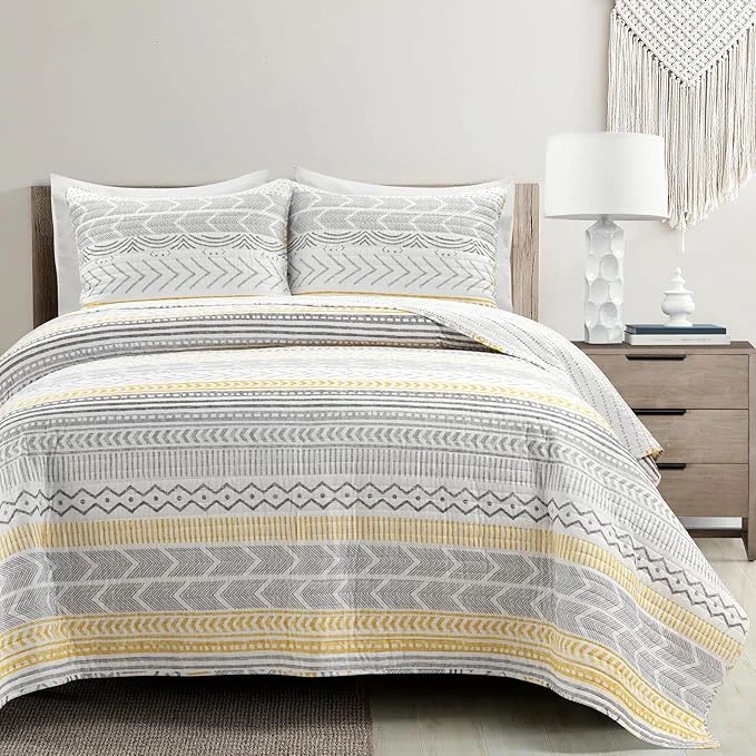 Eco-Friendly Lush Decor Hygge Geo Pattern Striped 3 Piece Quilt Bedding Set Full Queen Yellow Excellent
