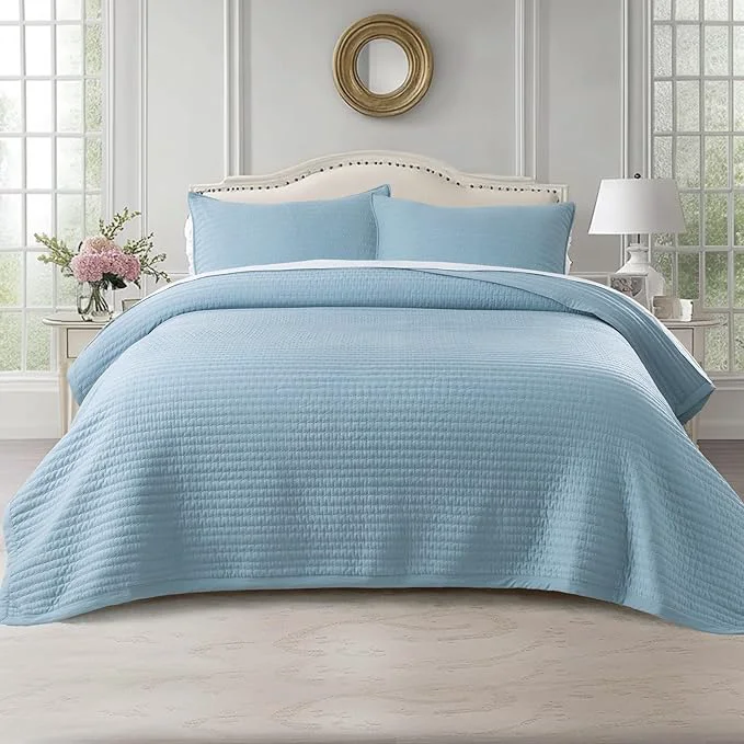 Proven KASENTEX Oversized Queen Quilt Set 102 quot x106 quot – Soft Washed 3-Layer Lightweight Bedspread Minimalist Nordic Design All-Season Spring amp Summer Quilt Set 1 Quilt 2 Pillow Shams Blue Artisan