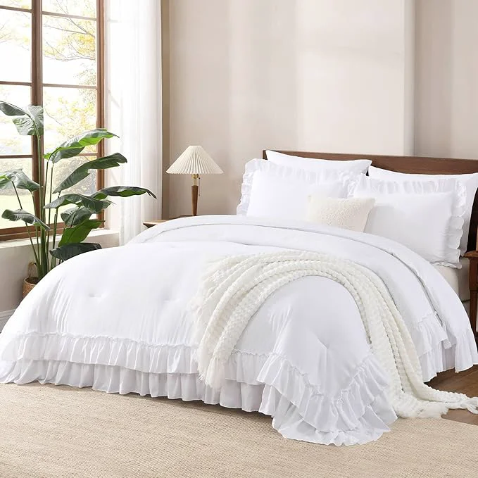 Verified Andency Oversized King Ruffle Comforter Set 3 Pieces Shabby Chic Farmhouse Bedding Set Lightweight Soft Comforter Set 120×98 for Girls Women 1 Comforter 2 Pillowcases White Fine