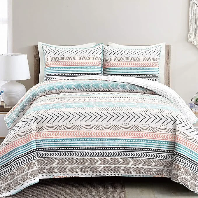 Elegant Lush Decor Hygge Geo Pattern Striped 3 Piece Quilt Bedding Set Full Queen Neutral amp Multicolored Excellent