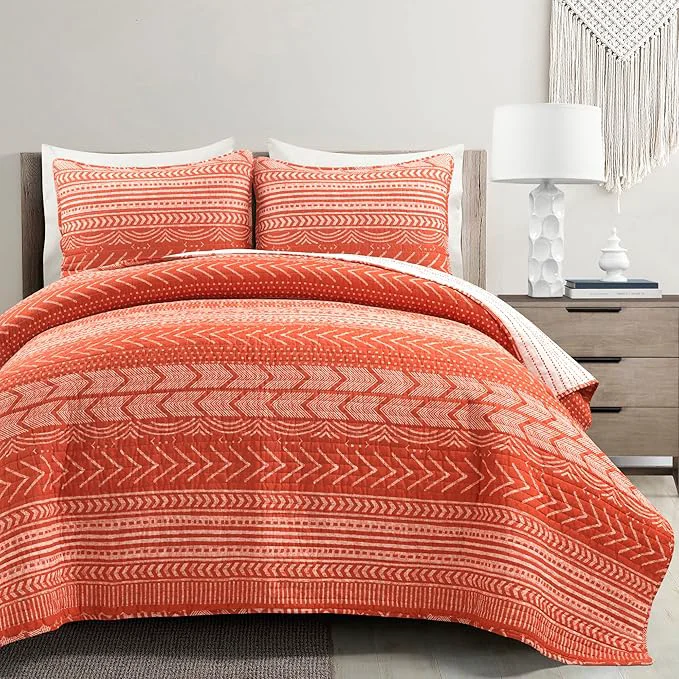 Fast Lush Decor Hygge Geo Pattern Striped 3 Piece Quilt Bedding Set King Burnt Orange Innovative