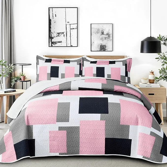 Dependable 3 Piece Pink Grey Quilt Set California King Size Pink Gray White Geometric Reversible Bedding Set Microfiber Lightweight Bedspread Coverlet with 2 Shams Bed Cover for All Season 118 39 39 x106 39 39 Fast