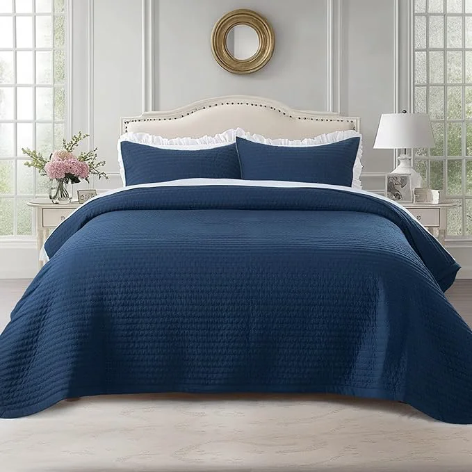 Trusted KASENTEX King XL Quilt Set 108 quot x98 quot – Soft Washed 3-Layer Lightweight Bedspread Minimalist Nordic Design All-Season Spring amp Summer Quilt Set 1 Quilt 2 Pillow Shams Dress Dark Blue Casual