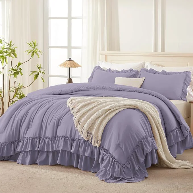 Easy-to-Use Andency Grayish Purple California King Comforter Set 3 Pieces Lightweight Fluffy Farmhouse Shabby Chic Bedding Comforter Sets Soft Polyester All Season Cal King Bed Sets 104x96Inch Functional