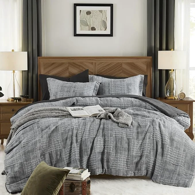 Prestigious MaiRêve Charcoal Grey King Comforter Set Textured Design Grey Crinkle Bed in A Bag King Size 7 Pieces Bedding Set for Men Women with Comforter Sheets Pillowcases amp Shams 102 quot x 90 quot High-End