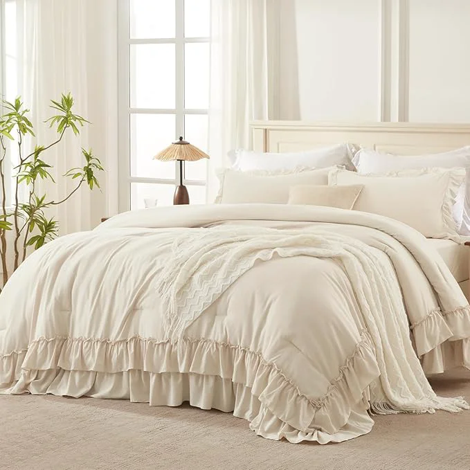 Clean Andency Oversized King Ruffle Comforter Set 3 Pieces Shabby Chic Farmhouse Bedding Set Lightweight Soft Comforter Set 120×98 for Girls Women 1 Comforter 2 Pillowcases Beige Green