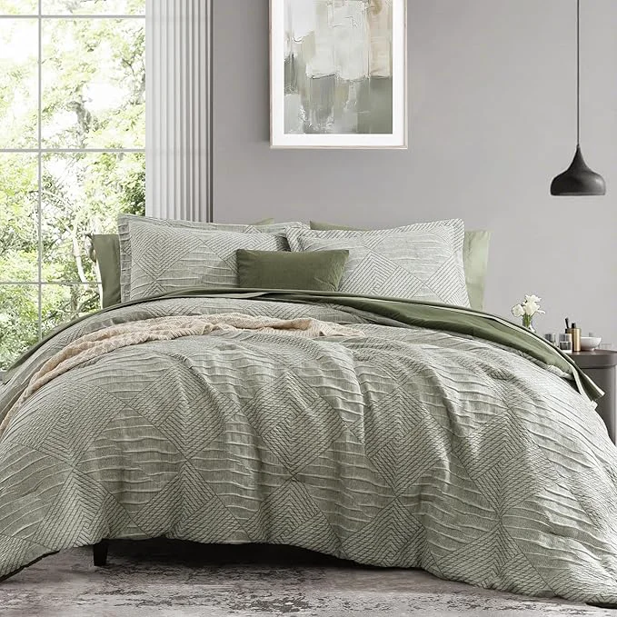 Specialty MaiRêve Queen Comforter Set Crinkle Textured Light Olive Green Diamond Boho Bedding Set 7 Pieces Bed in A Bag All Season Geometric Comforter Set with Sheets Pillowcases amp Shams Safe