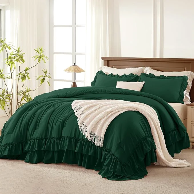 Clean Andency Dark Green Ruffle Comforter Set King Shabby Chic Farmhouse Bedding Comforter Soft Lightweight Fluffy Polyester Bet Set All Season 3 Pieces Solid Comforter Set Crafted