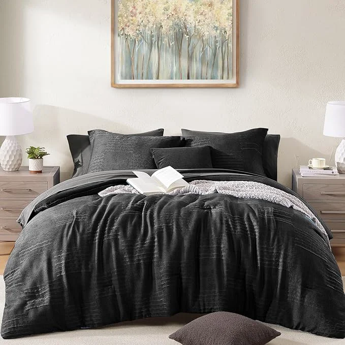 Organic MaiRêve Full Size Comforter Sets Black Textured Design Crinkle Bedding Sets 7 Pieces All Season Bed in A Bag with Comforter Sheets Pillowcases amp Shams Stylish