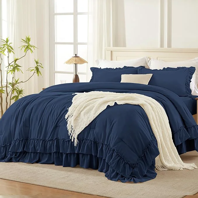 Stylish Andency Navy Blue Queen Comforter Set 90x90Inch 3 Pieces Lightweight Fluffy Ruffle Bedding Comforter Sets for Queen Bed Farmhouse Shabby Chic Soft Polyester All Season Bed Set Eco-Friendly