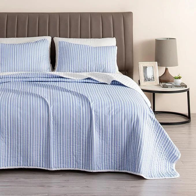 Refined Great Bay Home Striped Quilt Set – 3-Piece King California King Size Pattern Bedding Set – Lightweight All-Season Reversible Bedspread Blue Selected