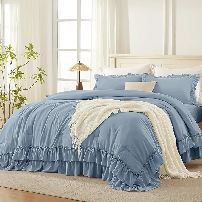 Consistent Andency Grayish Blue California King Comforter Set 3 Pieces Farmhouse Shabby Chic Bedding Comforter Sets Lightweight Fluffy Soft Polyester All Season Bed Set 104x96In Comforter Reliable