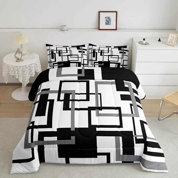 Verified Erosebridal Grid Comforter for Kids Boys Girls Black and White Bedding Set Full Size Geometric Pattern Quilt Set Ultra Warm Buffalo Check Art Duvet Insert with 2 Pillow Shams Bedroom Decor Natural