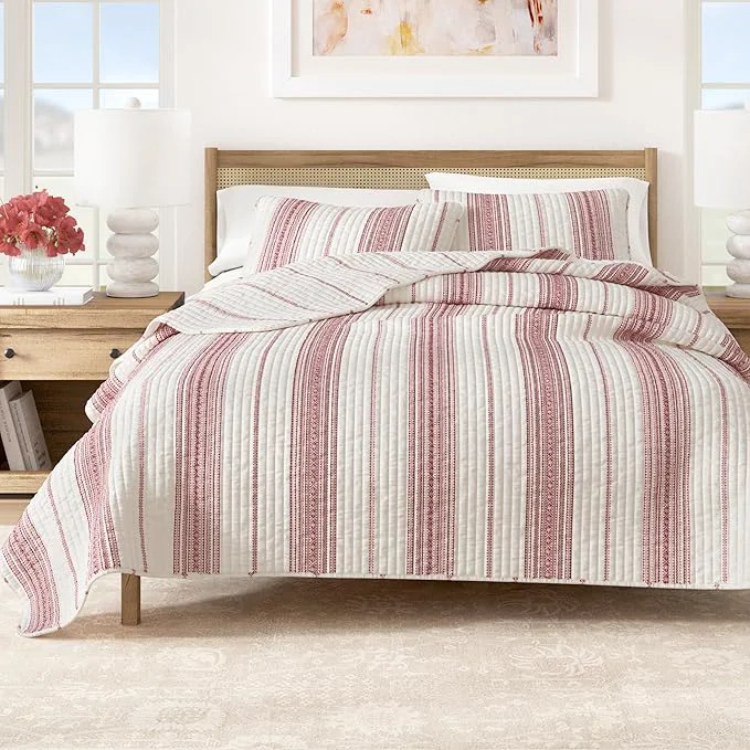 Trusted Great Bay Home Striped Quilt Set – 3-Piece Full Queen Size Farmhouse Bedding Set – Lightweight All-Season Reversible Bedspread Red Durable