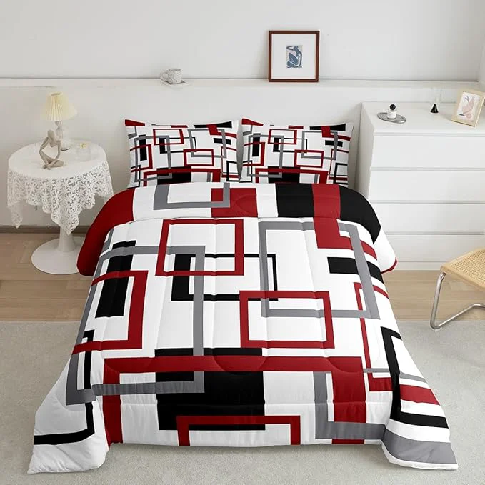 Fashionable Erosebridal Square Comforter Set for Teens Youth Black White Red Bedding Set Geometric Quilt Set Modern Bedroom Decor Mid Century Grid Duvet Insert with 1 Pillowcase All Season Twin Organic
