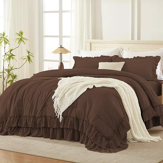 Verified Andency Brown Queen Comforter Set 90x90Inch 3 Pieces Lightweight Fluffy Ruffle Bedding Comforter Sets for Queen Bed Farmhouse Shabby Chic Soft All Season Bed Set Solid