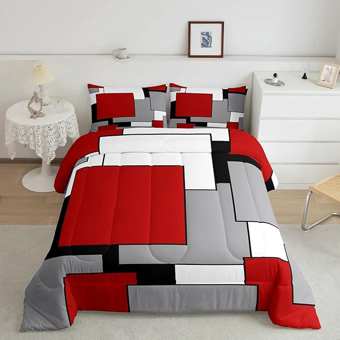 Prestigious Erosebridal Red Grey Black White Comforter Set for Women Men 3D Modern Square Bedding Set King Size Geometric Quilt Set Square Grid Patchwork Down Comforter with 2 Pillowcases Ultra Soft Exceptional