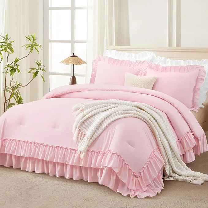 Exclusive Andency Pink Ruffle Oversized King Comforter Set Shabby Chic Farmhouse Bedding Sets 3 Pieces Soft Lightweight Bet Set for All Season 1 Ruffle Comforter 2 Pillowcases Consistent