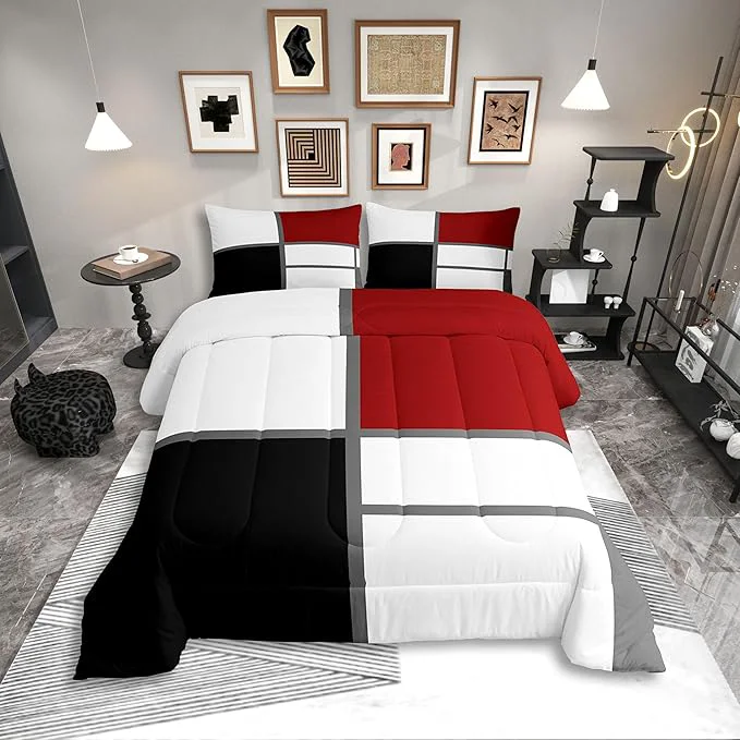 Premium Erosebridal Geometric Abstract Toddler Comforter Red and White Striped Bedding Set Square Grid Duvet Insert Modern Art Patchwork Bed Sets for Minimalist Efficient