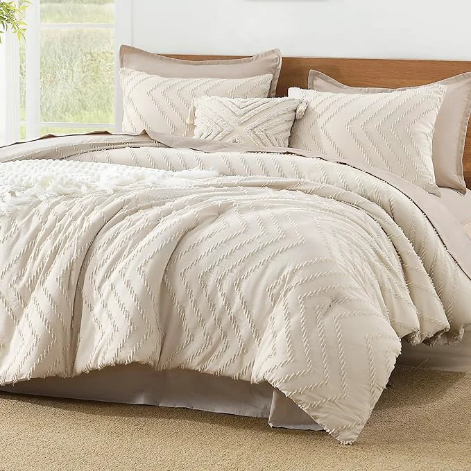 Authentic Litanika Twin Twin XL Comforter Set 2 Pieces Boho Chevron Tufted Bedding Comforter Set All Season Bed Set Beige Minimalist