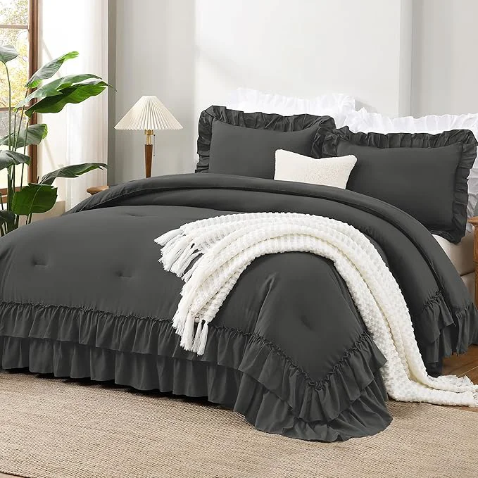 Elegant Andency Dark Grey Comforter Set Full Gray Ruffle Shabby Chic Bedding Comforter Set for All Seasons 3 Pieces Lightweight Fluffy Farmhouse Bed Set for Women Men 1 Ruffle Comforter 2 Pillowcases Easy-to-Use