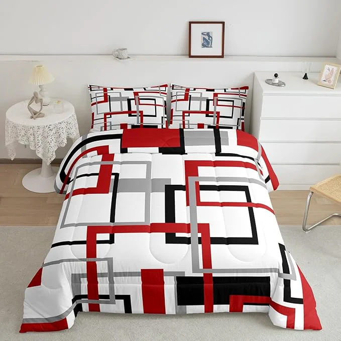 Trusted Square Comforter Set White Black Red Grey Stripes Bedding Set Warm Geometric Grid Checkred Down Comforter for Kids Boys Girls Modern Creative Art Quilted Duvet Soft with 2 Pillowcases Full Optimized