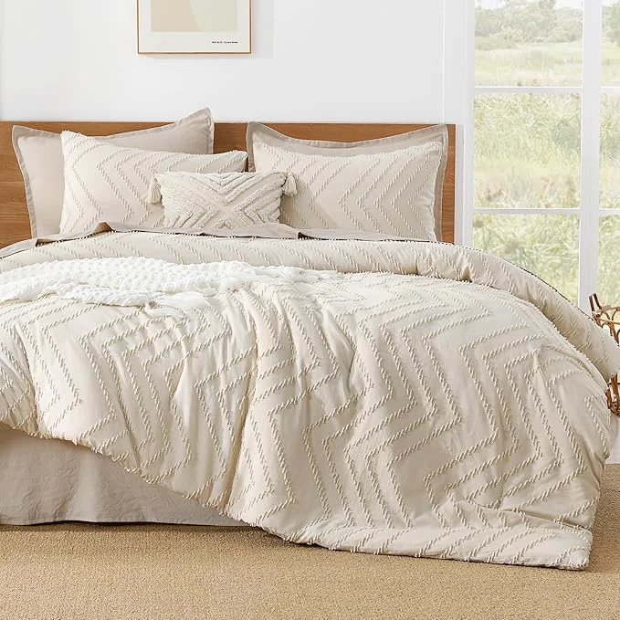 Superior Litanika Comforter Oversized Queen Size Set Beige 3 Pieces Chevron Tufted Solid Bedding Comforter Sets Fluffy Bed Set Premium