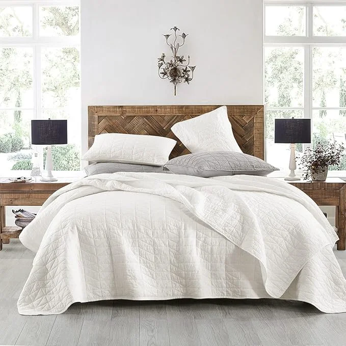 Trusted HORIMOTE HOME Quilt Set King Size Stone-Washed Chic Rustic Cream White Coverlet with Classic Triangle Stitched Pattern Ultra Soft Lightweight Quilted Bedspread for All Season 3 Pieces Relaxed