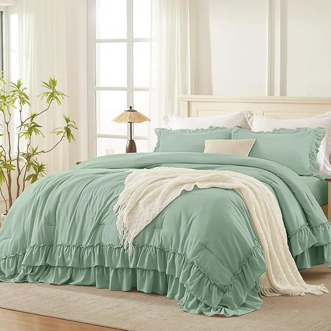 Elite Andency Sage Green Twin Size Comforter Set 2 Pieces Boho Lightweight Fluffy Ruffle Bedding Set amp Collections All Season Soft Polyester Farmhouse Shabby Chic Bed Set for Kids 66x90In Comforter Professional