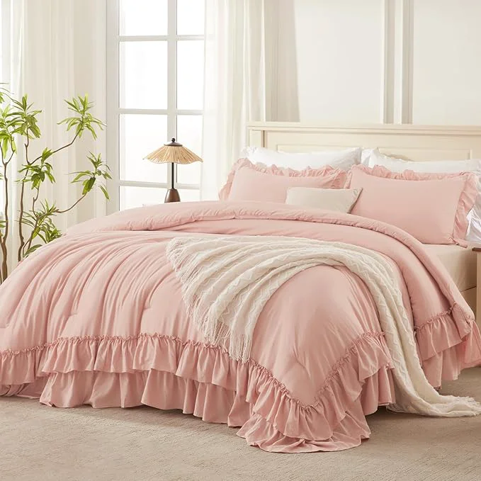 Versatile Andency Blush King Comforter Set 104x90Inch 3 Pieces Farmhouse Shabby Chic Ruffle Bedding Comforter Sets Lightweight Fluffy All Season Soft Polyester Bed Set Expertly Made