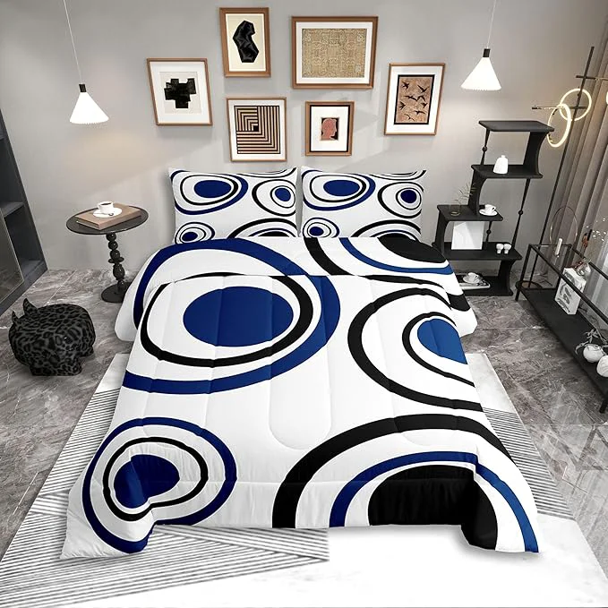 Elite Erosebridal White Blue Black Striped King Bedding Set Modern Circle Abstract Comforter Set for Adult Women Men Contemporary Graffiti Lines Bed Collections Minimalists Aesthetic Boho Duvet Quilt Sets Safe