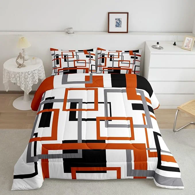 Consistent Erosebridal Geometric Square Comforter Set for Men Women White Black Orange Bedding Set Abstract Grid Patchwork Quilt Set Lightweight Modern Down Comforter with 2 Pillow Shams Queen Classic
