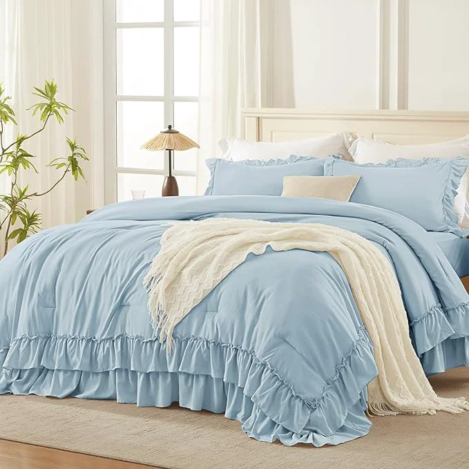 Responsible Andency Light Blue Twin Size Comforter Set 2 Pieces Lightweight Fluffy Ruffle Bedding Set for Dorm All Season Soft Farmhouse Shabby Chic Bed Set for Kids College Dorm 66x90In Comforter Detailed