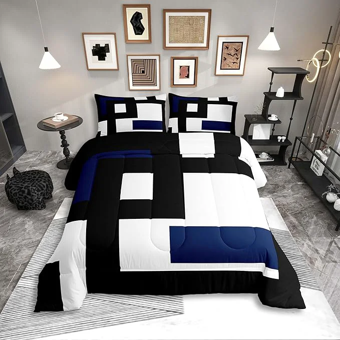 Breathable Erosebridal Black and White Striped Comforter Set Queen Size Abstract Square Bedding for Kids Teens Adult Modern Geometric Stripes Bold Lines Quilt Minimalist Stylish Plaids Duvet Insert Natural