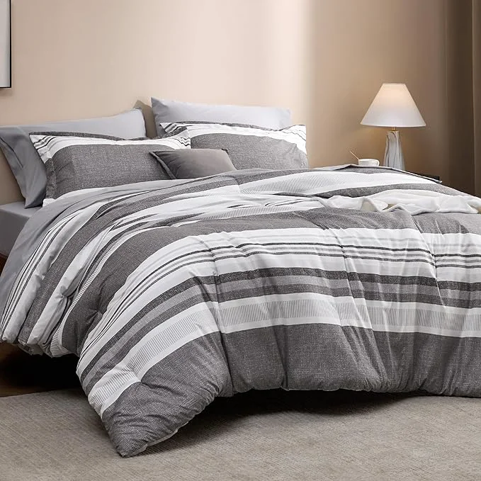 Elite Bedsure King Comforter Set 7 Pieces Frost Grey Striped Bedding Set for All Seasons Reversible Cationic Dyeing Bed in a Bag with Comforter Sheets Pillowcases amp Shams Unique
