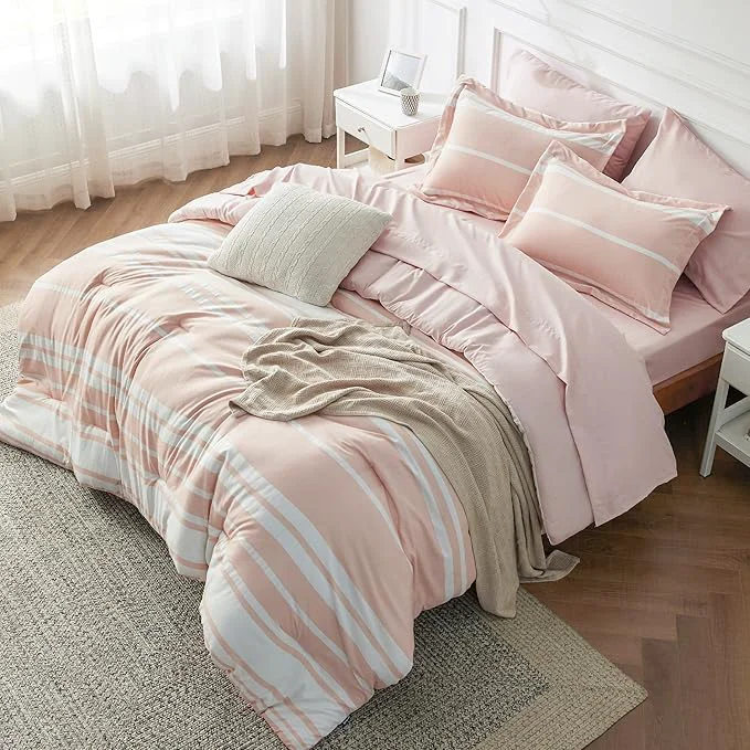 Elegant Bedsure Queen Comforter Set 7 Pieces Light Pink Striped Bedding Set for All Seasons Reversible Cationic Dyeing Bed in a Bag with Comforter Sheets Pillowcases amp Shams Exclusive