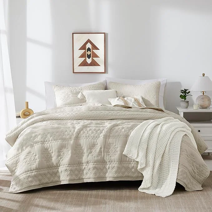 Unique WDCOZY Beige Boho Twin Quit Size Bedding Set with 1 Pillow Sham Farmhouse Lightweight Soft Bedspread Coverlet for All Season 2 Pieces 68×90 inches Functional