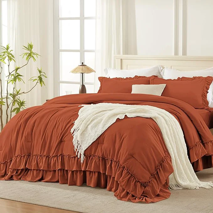 Elite Andency Terracotta Twin Size Comforter Set 2 Pieces Lightweight Fluffy Ruffle Bedding Set for Dorm All Season Soft Farmhouse Shabby Chic Bed Set for Kids 66x90In Burnt Orange Pure
