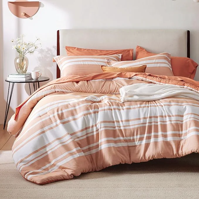 Exclusive Bedsure Twin Comforter Set 5 Pieces Burnt Orange Striped Bedding Set for All Seasons Reversible Cationic Dyeing Bed in a Bag with Comforter Sheets Pillowcase amp Sham Refined
