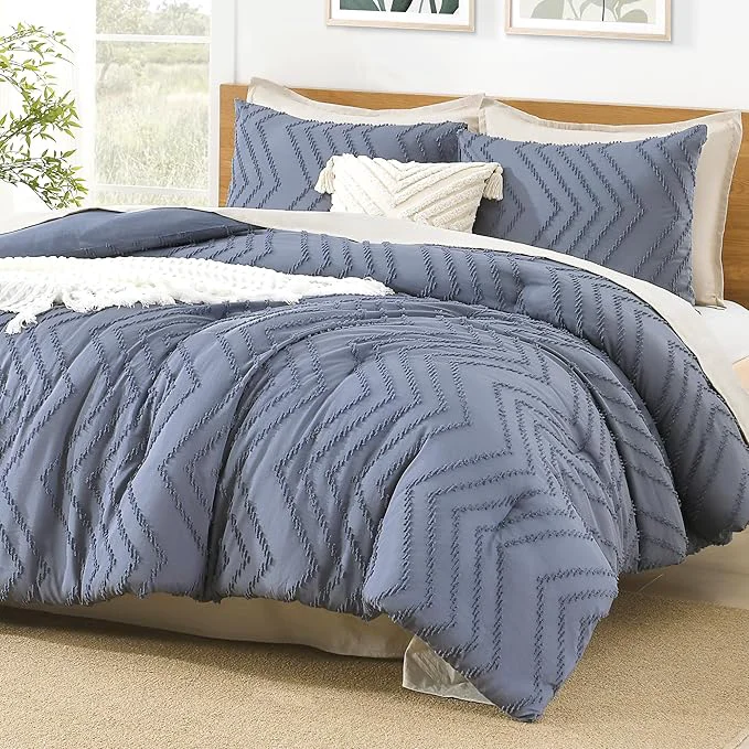 Excellent Litanika Comforter Super King Size Set Bluish Grey 3 Pieces Chevron Tufted Solid Bedding Comforter Sets Fluffy Bed Set Detailed