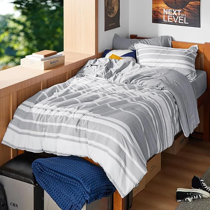 Environmentally Friendly Bedsure Twin Comforter Set 5 Pieces Grey Striped Bedding Set for All Seasons Reversible Cationic Dyeing Bed in a Bag with Comforter Sheets Pillowcase amp Sham Specialty