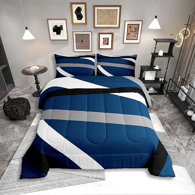 High-Quality Erosebridal Blue Gray Black Striped Toddler Comforter Modern Abstract Bedding Set Geometric Lines Duvet Insert Aesthetic Boho Bed Sets Comfortable