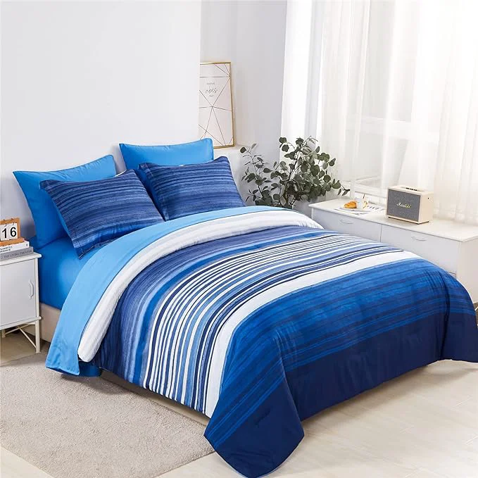 Safe KAKIJUMN 7 Piece Bed in a Bag Stripe Comforter Set Queen Size White and Blue Patchwork Striped Comforter and Sheet Set All Season Soft Microfiber Complete Bedding Sets Blue Queen Top-Quality