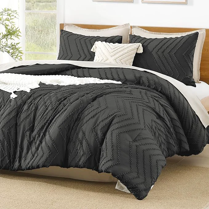 Crafted Litanika Comforter Super King Size Set Dark Grey 3 Pieces Chevron Tufted Solid Bedding Comforter Sets Fluffy Bed Set Smooth