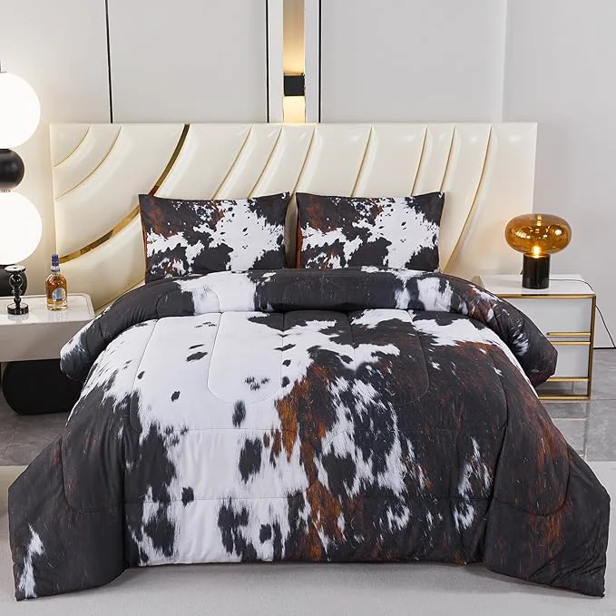 Original PERFEMET Black King Size Comforter Set 3 Pieces Cow Print Bedding Set Western Farmhouse Rustic Bed Comforter Animal Cowhide Quilt Set for Bedroom Decoration Effective