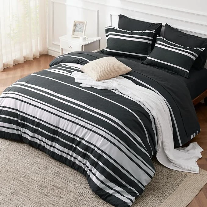 Sophisticated Bedsure King Comforter Set 7 Pieces Black Striped Bedding Set for All Seasons Reversible Cationic Dyeing Bed in a Bag with Comforter Sheets Pillowcases amp Shams Refined