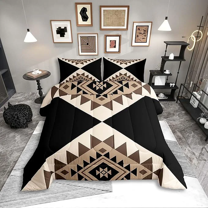 Premium Erosebridal Black Beige Abstract Twin Bedding Sets for Adult Women Men Modern Boho Western Aztec Comforter Set Geometric Stripes Quilt Set Minimalist Stylish Art Southwestern Bed Collections Quality