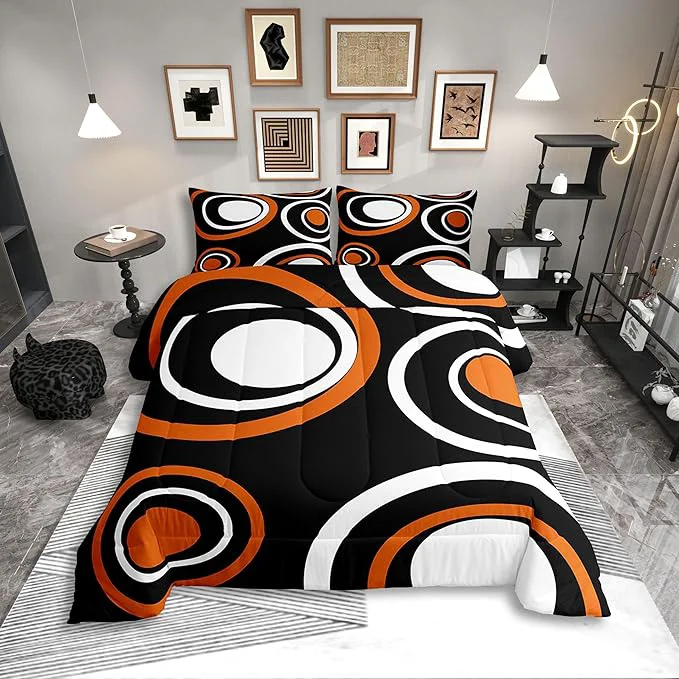 Premium Erosebridal Orange Black Abstract Twin Bedding Sets for Adult Women Men Modern Striped Circles Comforter Set Boho Geometric Art Aesthetic Quilt Set Minimalist Black White Abstract Bed Collections Expertly Made