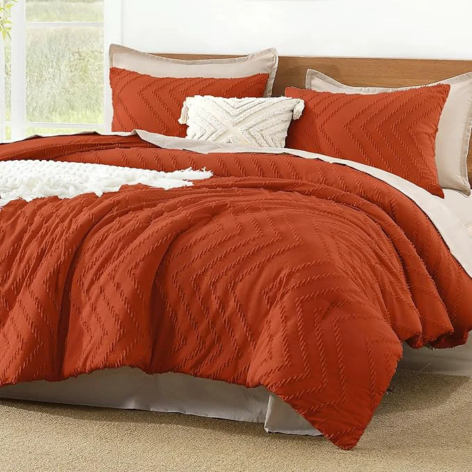 Expertly Made Litanika Burnt Orange Comforter Oversized King Size Set 3 Pieces Terracotta Chevron Tufted Solid Bedding Comforter Sets Fluffy Bed Set Artisan
